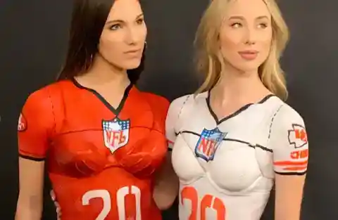 1. Touchdown Twins: Football Jerseys in Body Paint