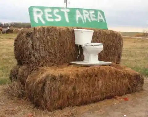 Which state hosts this helpful road stop, toilet and all?