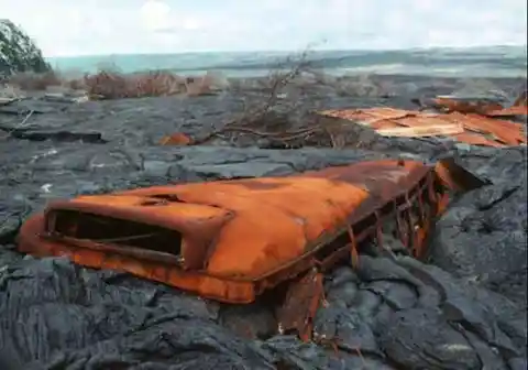 Where did hot lava attack this unsuspecting bus?